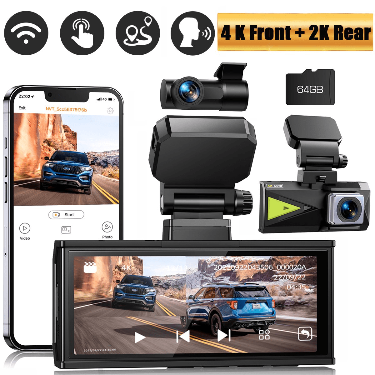 TOGUARD Dash Cam 4K with 5Ghz Wifi GPS, 4K+2K Dash Cam Front and Rear 3.16” Touch Screen Dual Sony Night Vision Car Camera, Voice Commands, WDR, Type C, with 64GB Memory Card