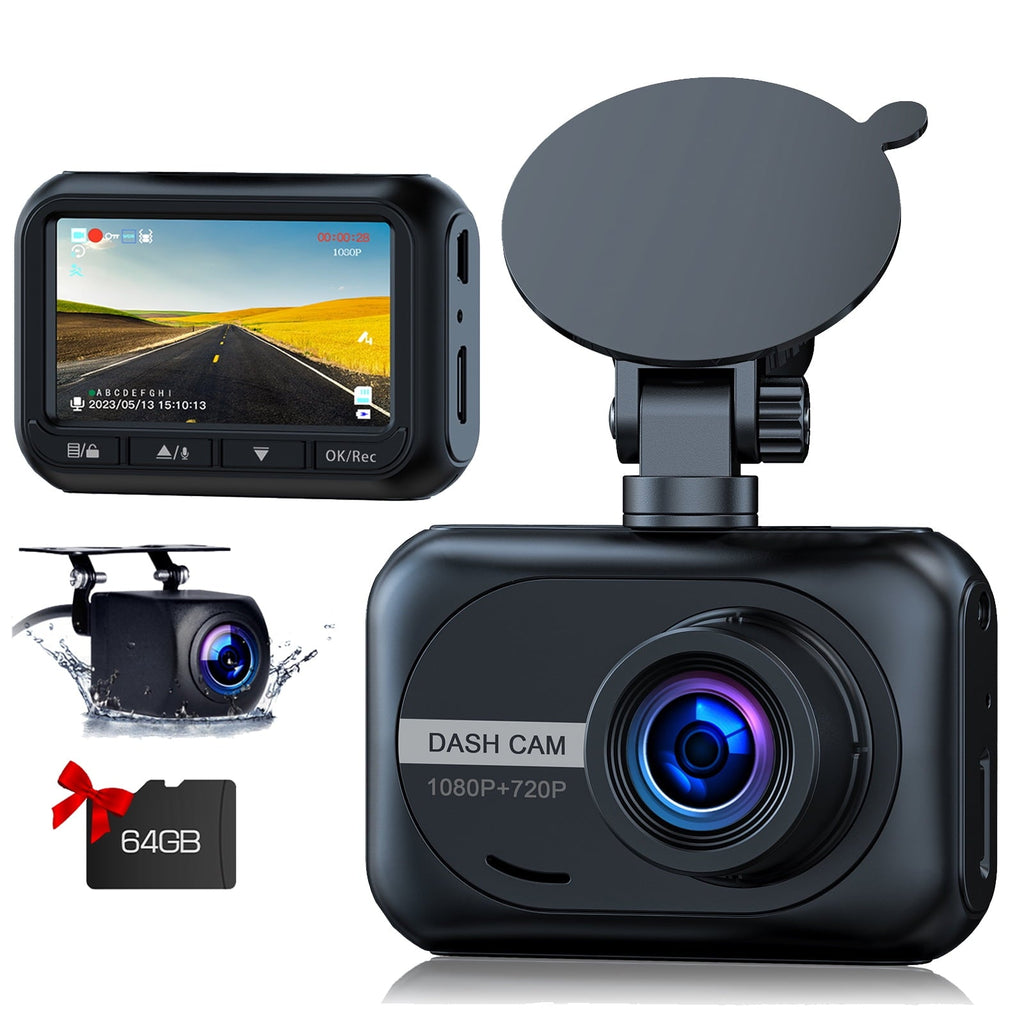 TOGUARD Dash Cam Front and Rear 1080P Full HD Car Camera,2.45 inch Dash Camera with 64GB SD Card, Super Night Vision, Parking Mode, G-Sensor, Loop Recording, WDR