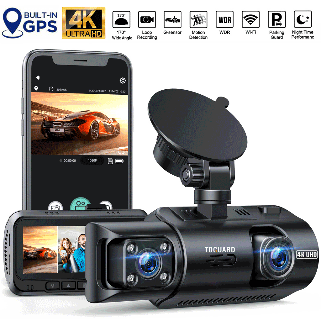 TOGUARD Front and Inside Dual Dash Camera 4K Car Dash Cam with WiFi and GPS 3.16" Display, 170° Wide Angle, IR Night Vision, Support 256GB Max, Black