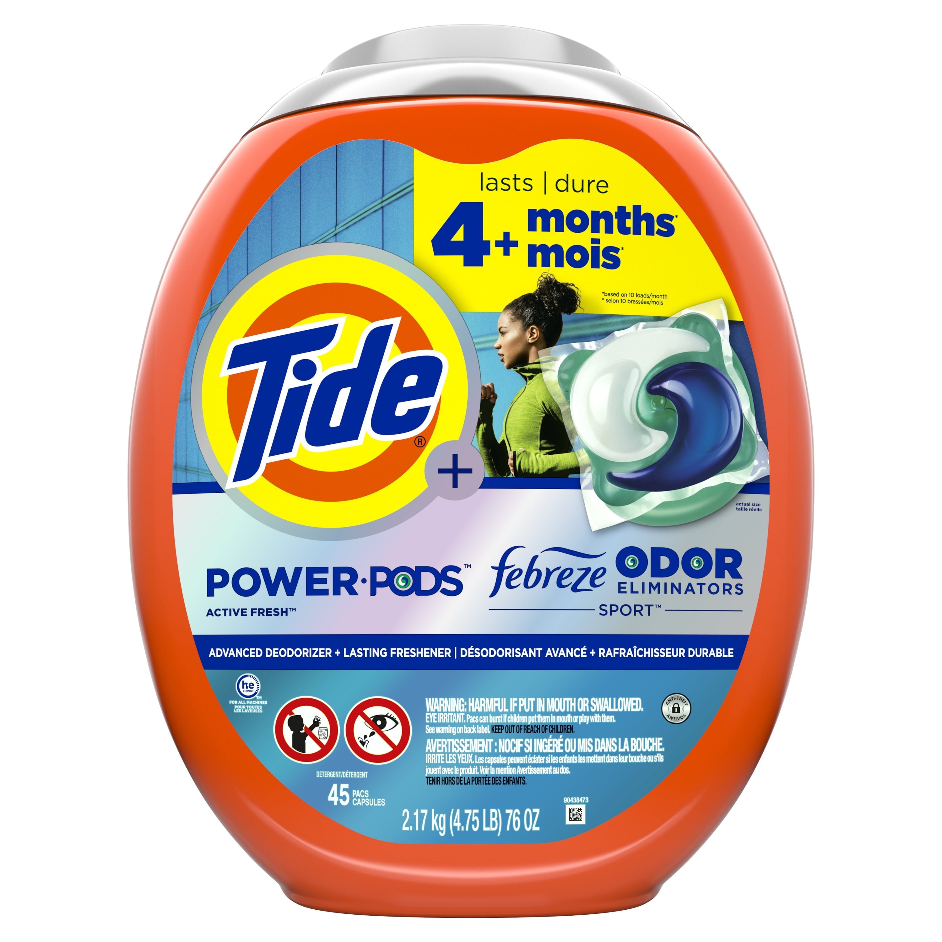 Tide Power Pods Laundry Detergent Soap Packs with Febreze, Sport Odor Defense, 45 Ct
