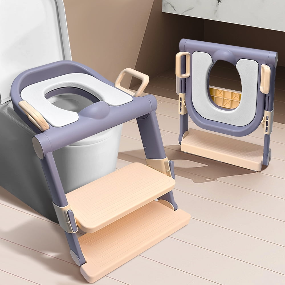 Toddler Potty Training Seat with Step Stool Ladder, Potty Training Toilet Seat for Kids, Foldable Potty Seat with Anti-Slip Pad Ladder, Purple