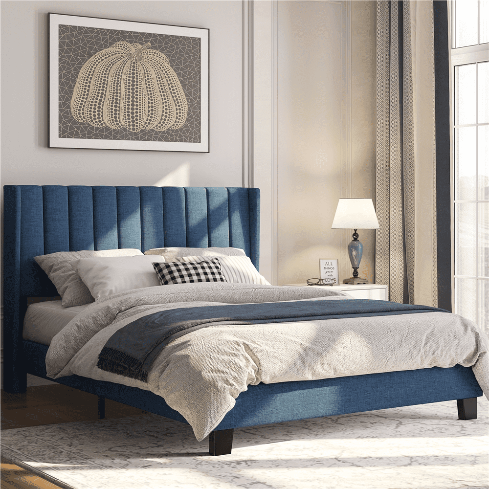 Topeakmart Queen Platform Bed with Upholstered Headboard & Mattress Foundation, Navy Blue