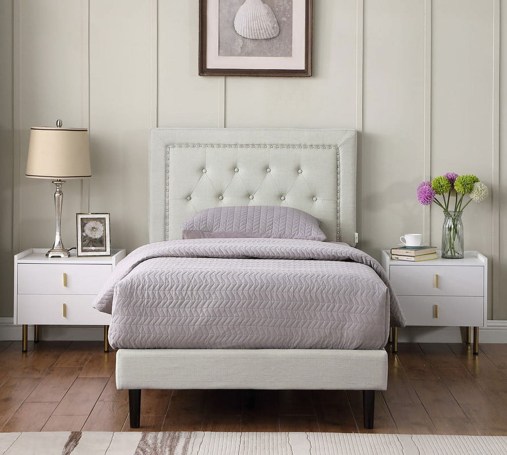 Twin Upholstered Platform Bed Frame with 48" Tall Adjustable Headboard - Button Tufted Cloth Bed - Beige - Oliver & Smith - Berlin