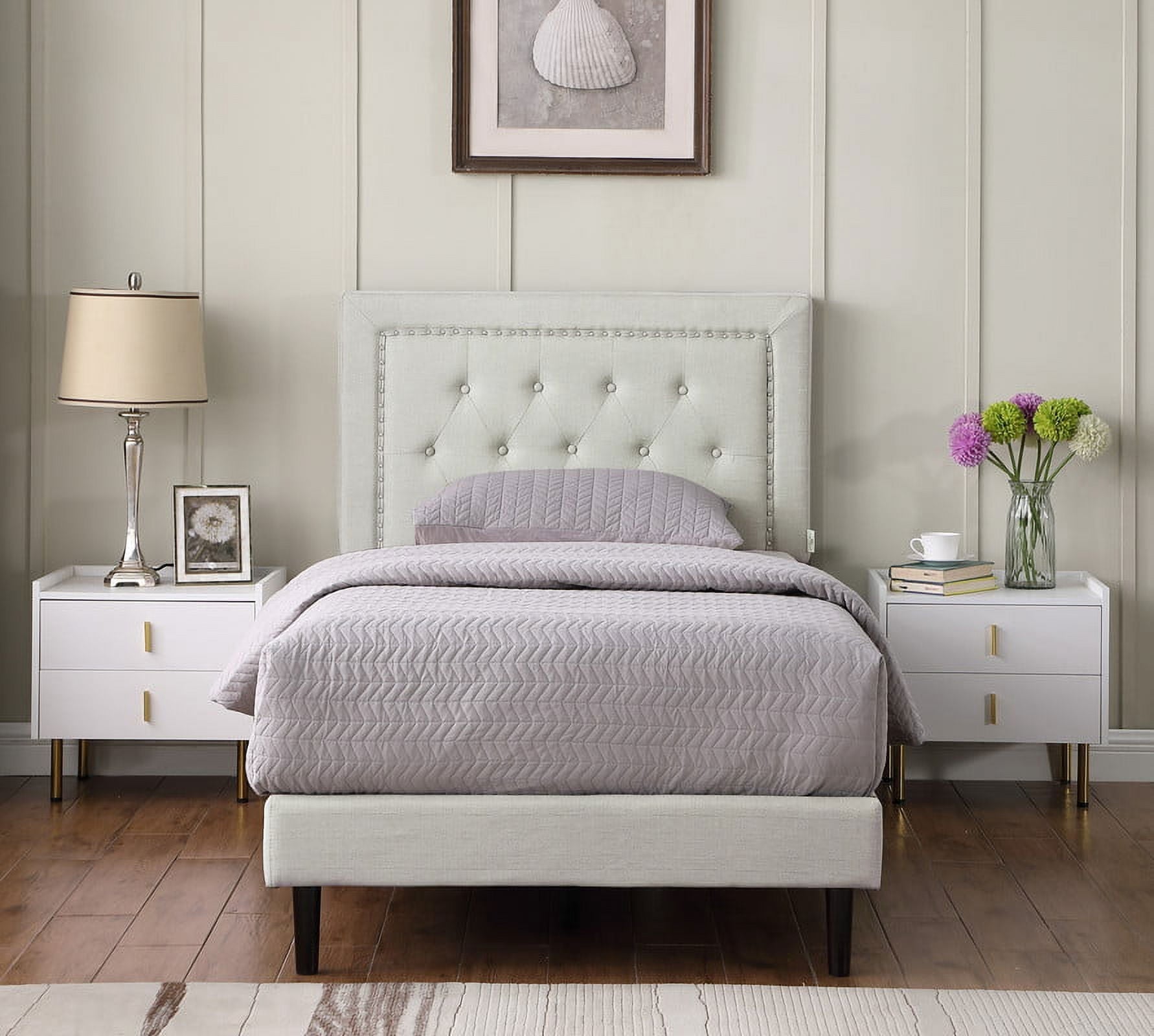 Twin Upholstered Platform Bed Frame with 48" Tall Adjustable Headboard - Button Tufted Cloth Bed - Beige - Oliver & Smith - Berlin