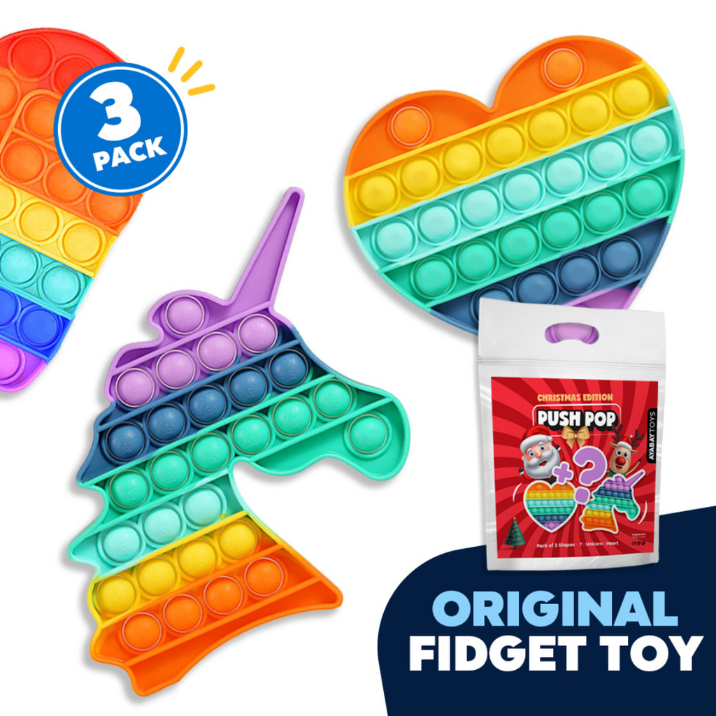 Unicorn + Heart - 3 Pack Push Pop Fidget Toys Set, Bubble Sensory Toy, Silicone Popper Stress Anxiety Reliever Fidget Squeeze Sensory Toy for Kids with ADD, ADHD Christmas Best Stocking Stuffers