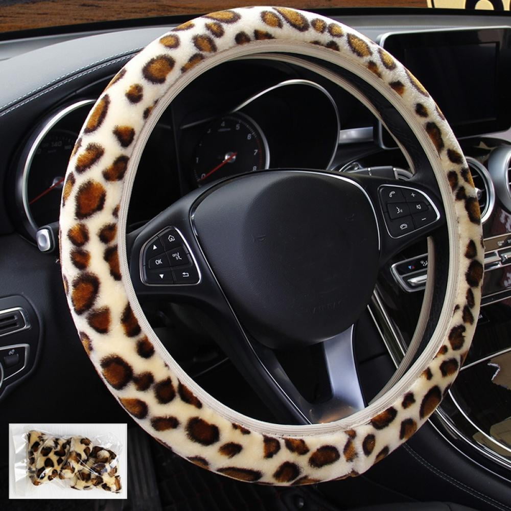 Universal 15" Auto Car Steering Wheel Cover Leopard Print Plush Elastic Section Steering Wheel Cover Velvet Fluffy Comfy Universal 15 Inches Car Wheel Protector for Women Girls