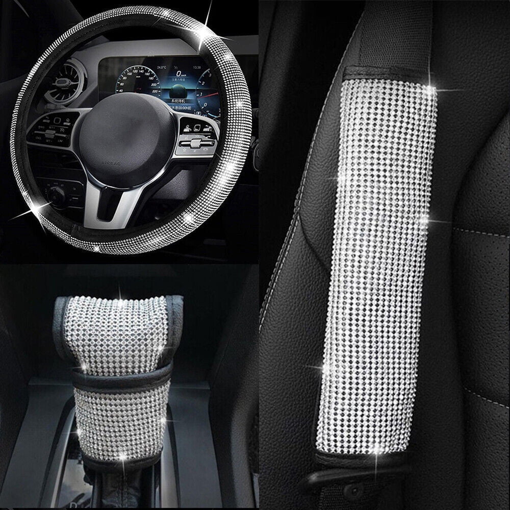 Universal 15" Luxury Crystal Steering Wheel Cover Kits with Seat Belt Cover and Shift Lever Cover