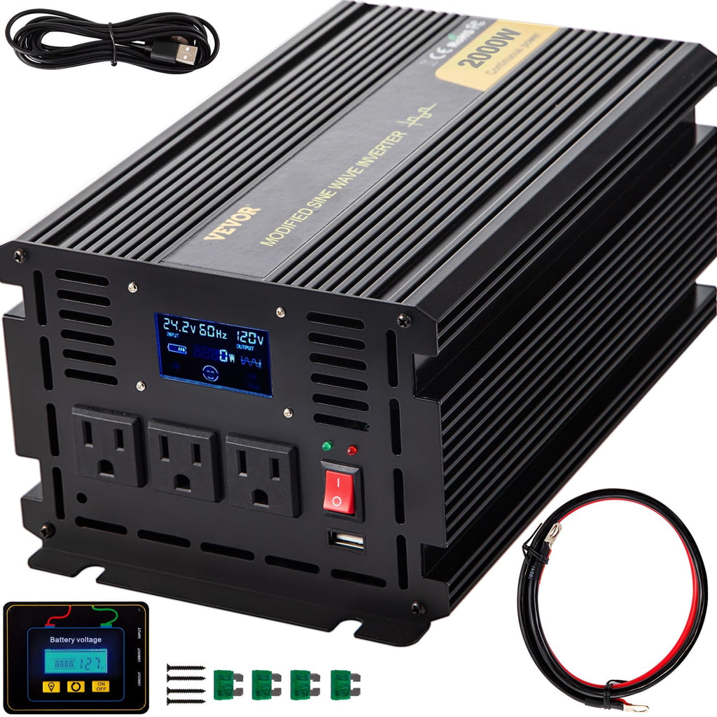 VEVOR Power Inverter 2000W Modified Sine Wave Inverter DC24V to AC120V Car Converter with USB Port LCD Display Remote Controller LED Indicator AC Outlets Inverter for Car RV Truck Boat Travel Camping