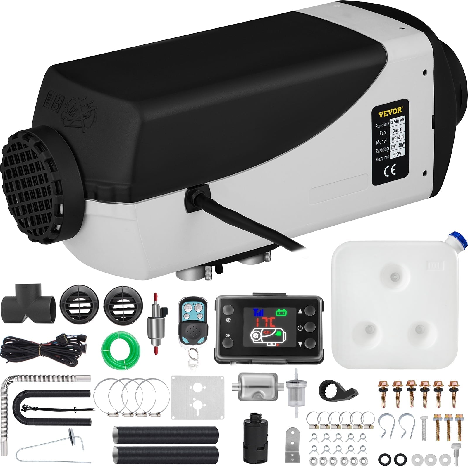 VEVORbrand 5KW Diesel Air Heater 10L Tank Diesel Heater 12V Diesel Parking Heater Muffler with LCD Thermostat and Remote Control for RV Bus Trailer Motor-home and Boats