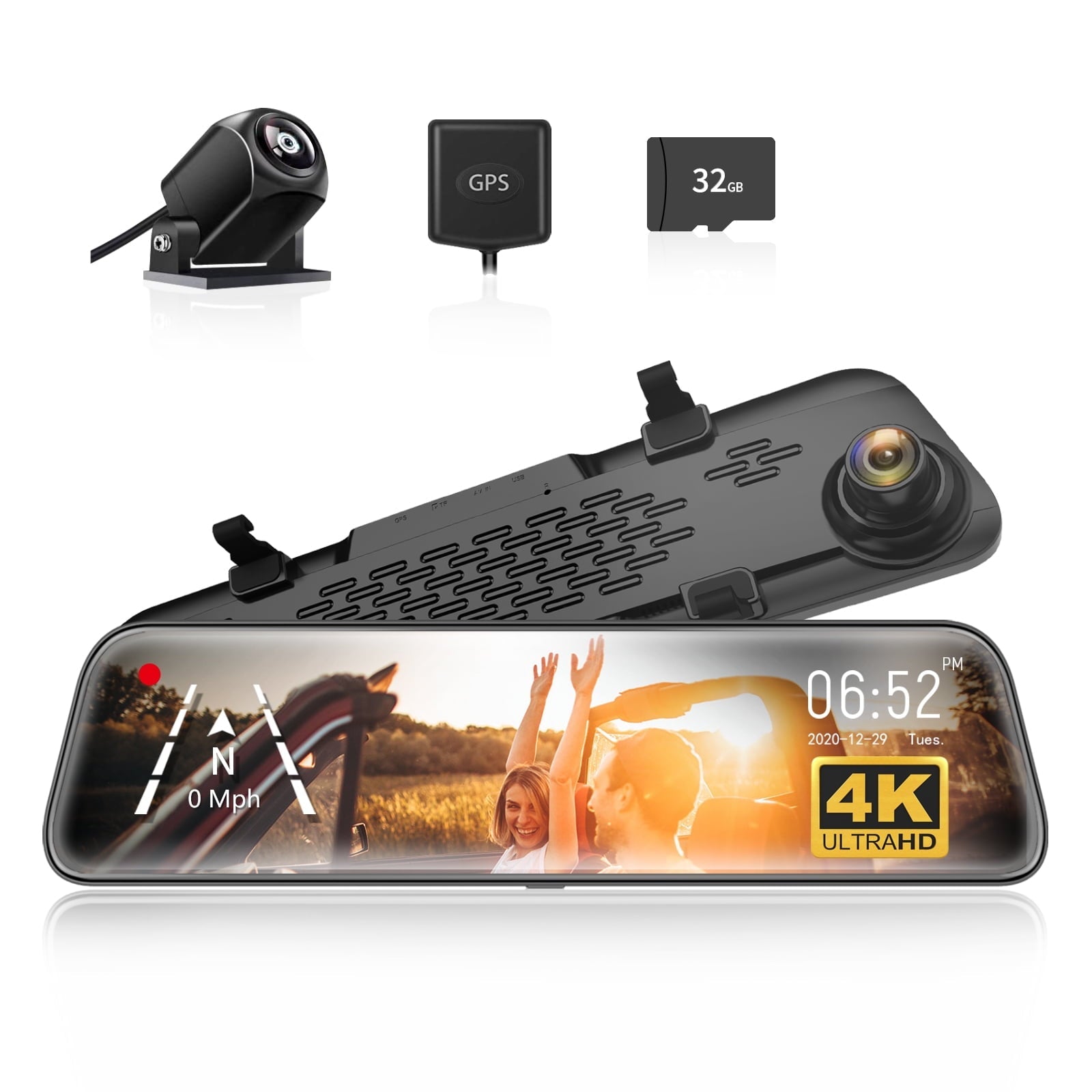 WOLFBOX 12" Mirror Dash Cam Backup Camera, 4k Mirror Dash Cam Front and 1080P Rear, Rearview Mirror for Cars with Night Vision, Free 32GB Card
