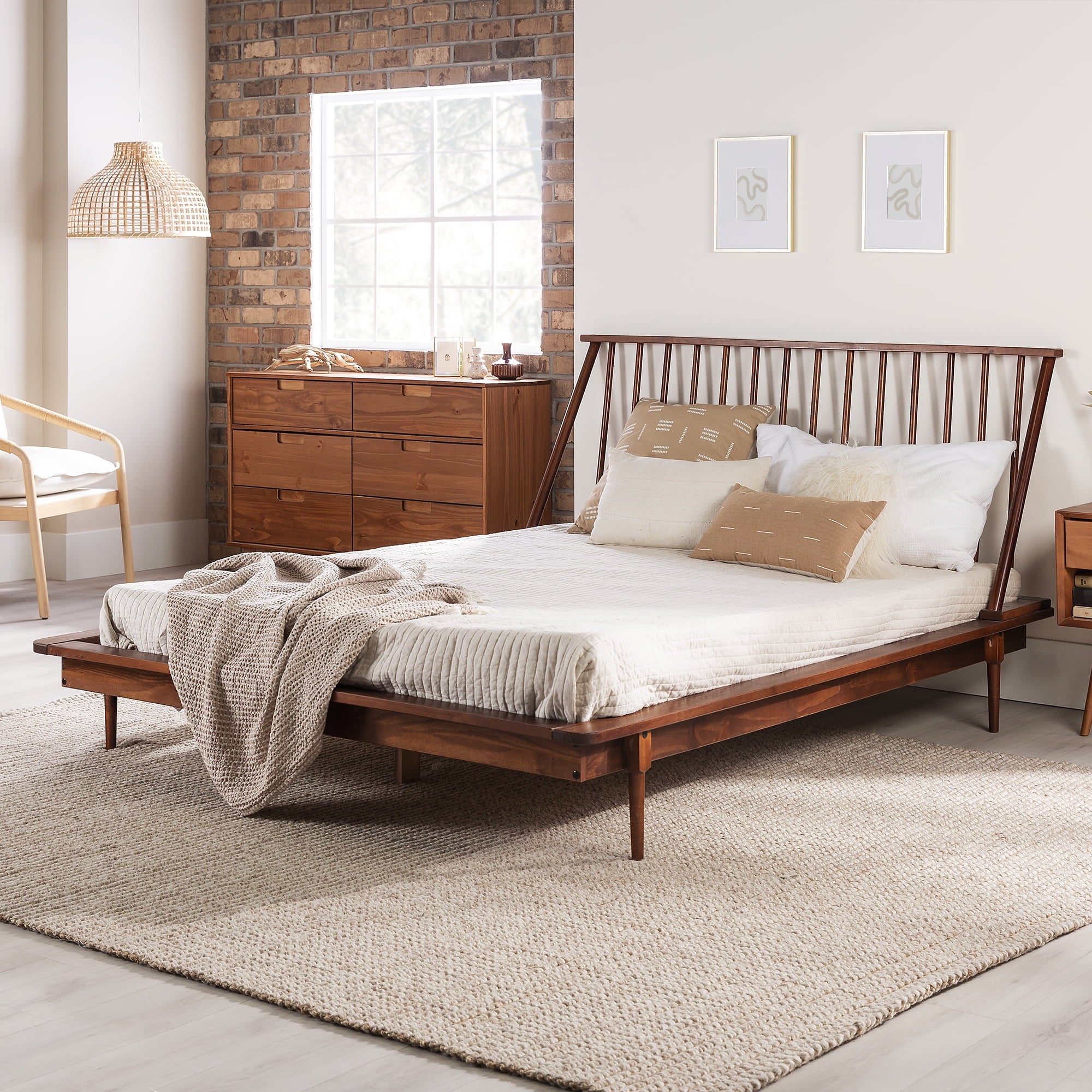 Walker Edison Modern Boho Queen Size Solid Wood Platform Bed, Walnut