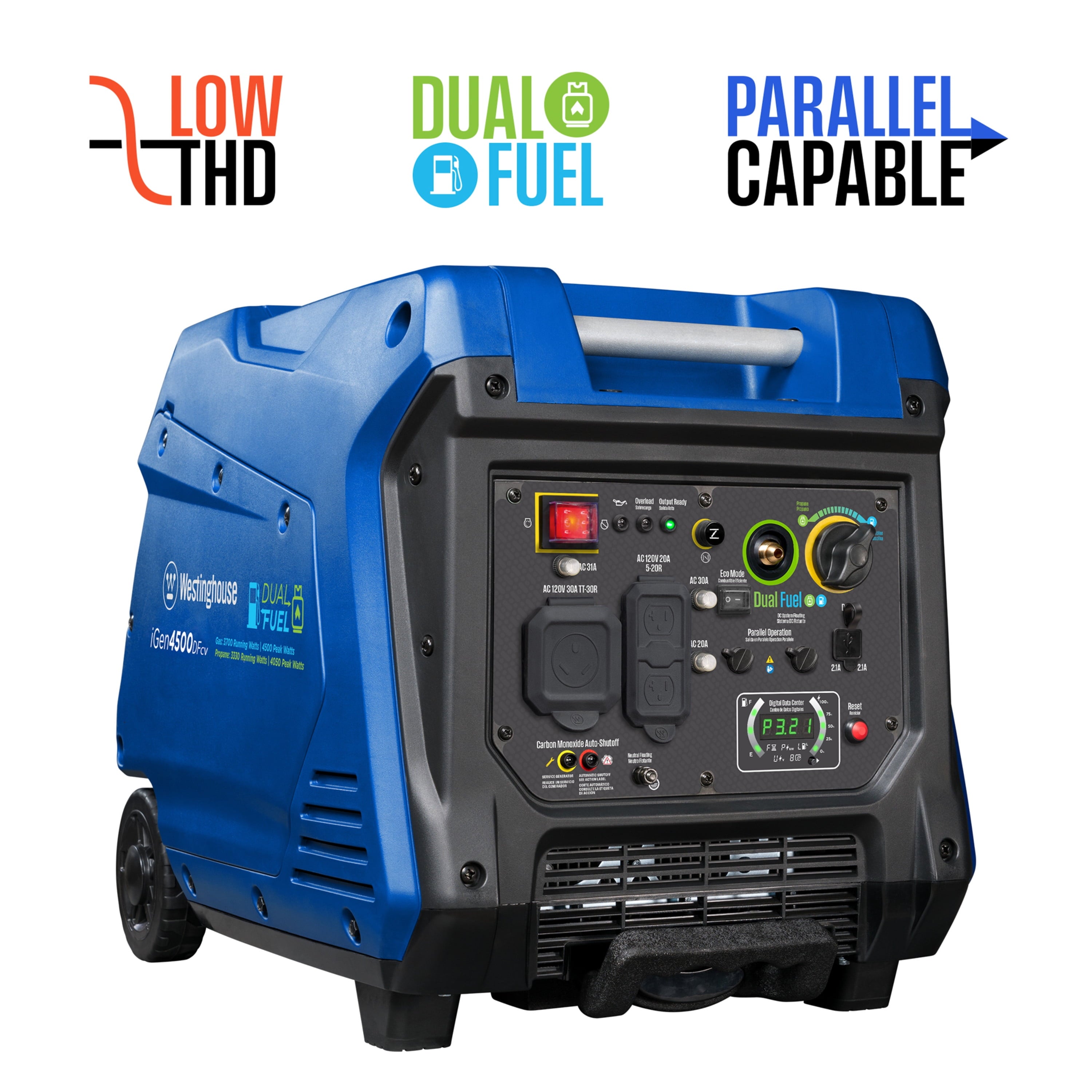 Westinghouse 4500 Peak Watt Portable Dual Fuel Inverter Generator, Recoil Start, Gas/Propane