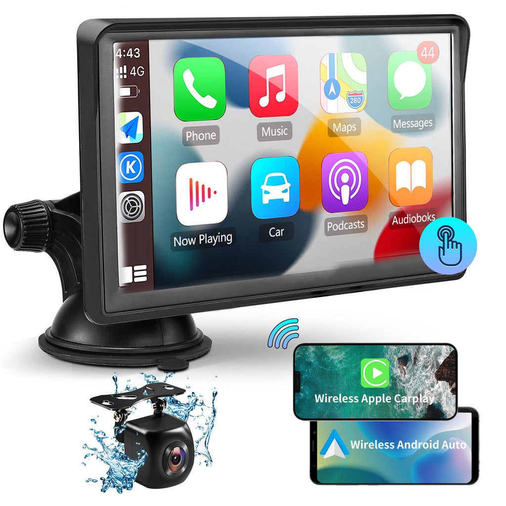 Wireless Apple CarPlay Dash Mount, Portable Car Stereo, Android Auto, Drivemate, 7-Inch Full HD Touchscreen, Car Audio Receiver, Bluetooth Handsfree, Car Buddy, Rear Camera, TF/USB/AUX Input