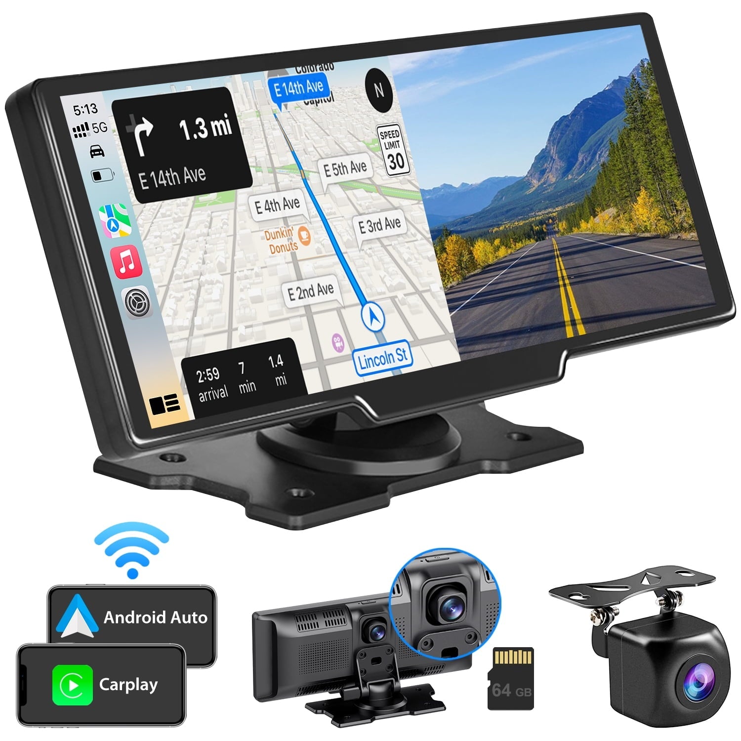 Wireless Carplay Android Auto Portable Car Stereo, 64G SD Card, 2.5K Dash Cam, Backup Camera, Bluetooth, GPS Navigation Car Radio, Bluetooth/FM Transmission, 10" Touchscreen Carplay Screen