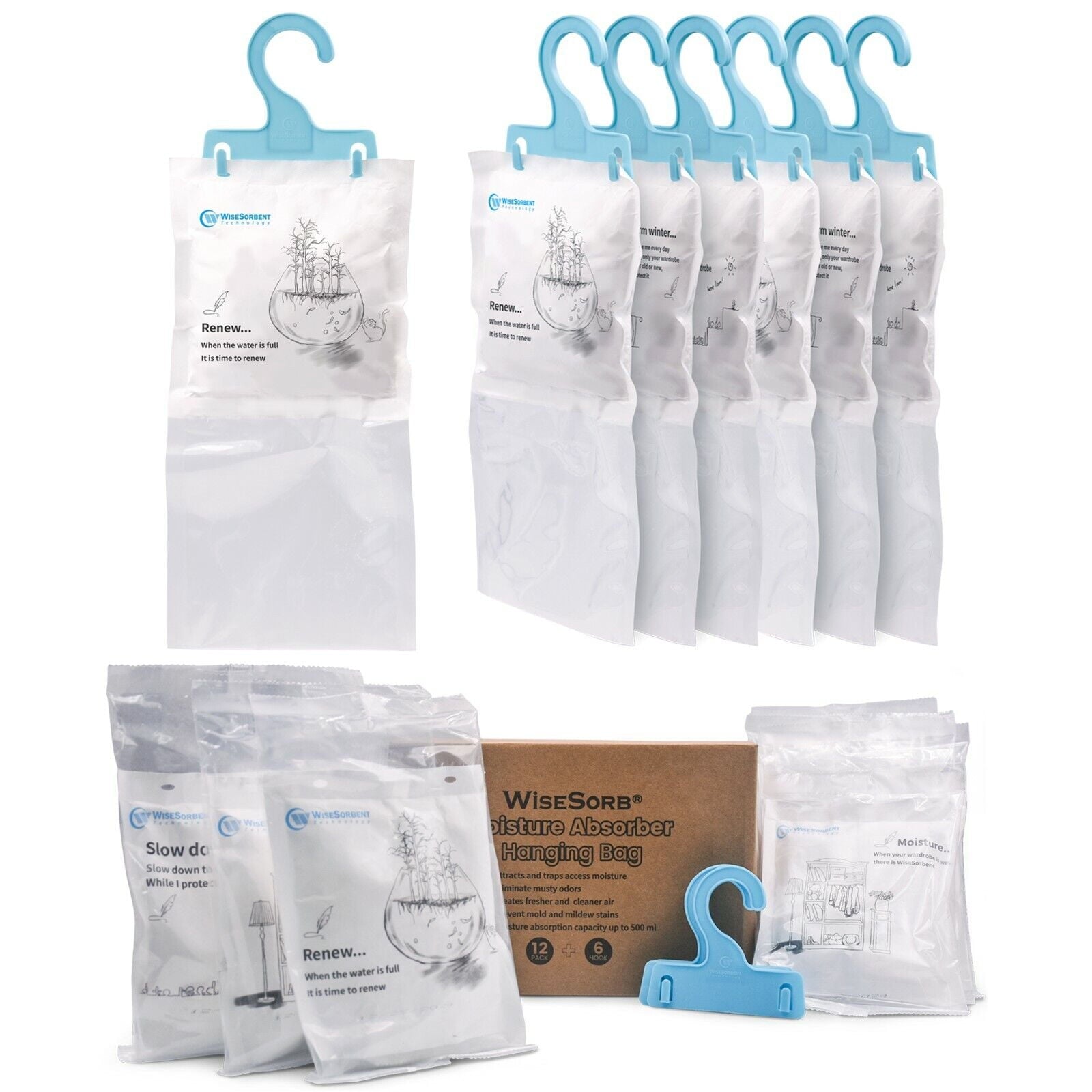 Wisesorb Moisture Absorber Refill Hanging Bags, 12 Pack (7 oz. ea.) of Tyvek Paper Moisture Absorber Packets with 6pcs Hooks, Humidity Packs, Hanging Closet Dehumidifier Bags