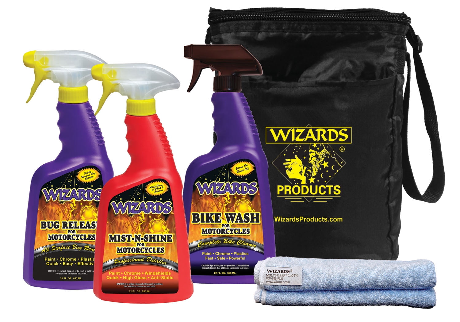 Wizards Motorcycle Cleaning Kit - Cleaner, Quick Detailer, and Bug Remover with Fiber Cloth and Detailing Bag - Stain Remover for Motorcycles - Portable Motorcycle Accessories and Cleaning Kits