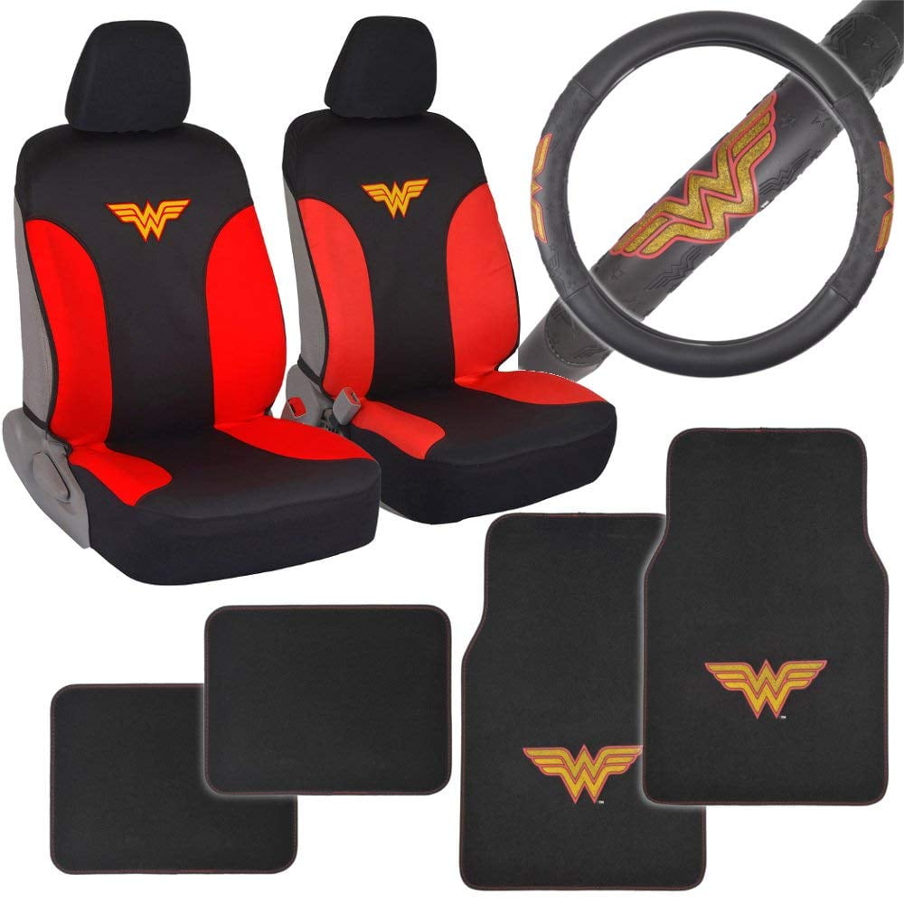 Wonder Woman Auto Accessories Combo Pack - Waterproof Seat Covers, Synth Leather Steering Wheel Cover & 4 Piece Car Floor Mats for Car SUV Van Truck
