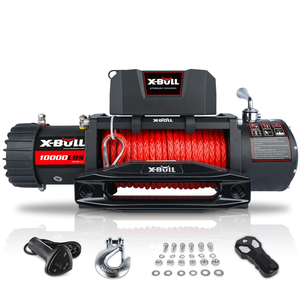 X-BULL 10000lb Winch Load Capacity Electric Winch Kit 12V Synthetic Rope Waterproof Electric Winch with Hawse Fairlead with Wireless Handheld Remote and Corded Control Recovery