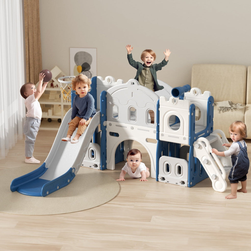 XJD 8-in-1 Toddler Slide Climber, Slide Set Playground for Kids, Slide Toddlers Climber and Slide Set with Basketball Hoop and Ball, Slide for Toddlers Age 12 Month +(Blue)
