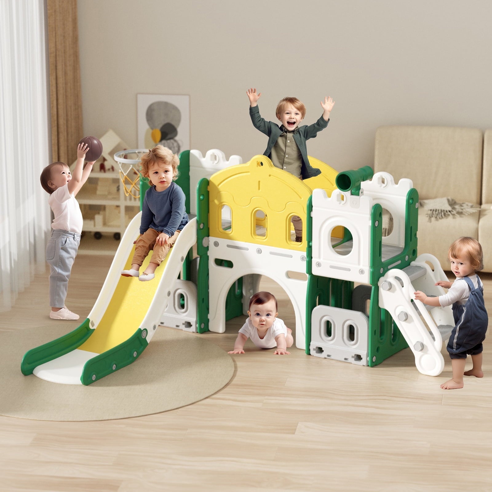 XJD 8-in-1 Toddler Slide, Indoor Slide Set Playground for Kids, Outdoor Slide Toddlers Climber and Slide Set with Basketball Hoop and Ball, Slide for Toddlers Age 12 Month +(Green)