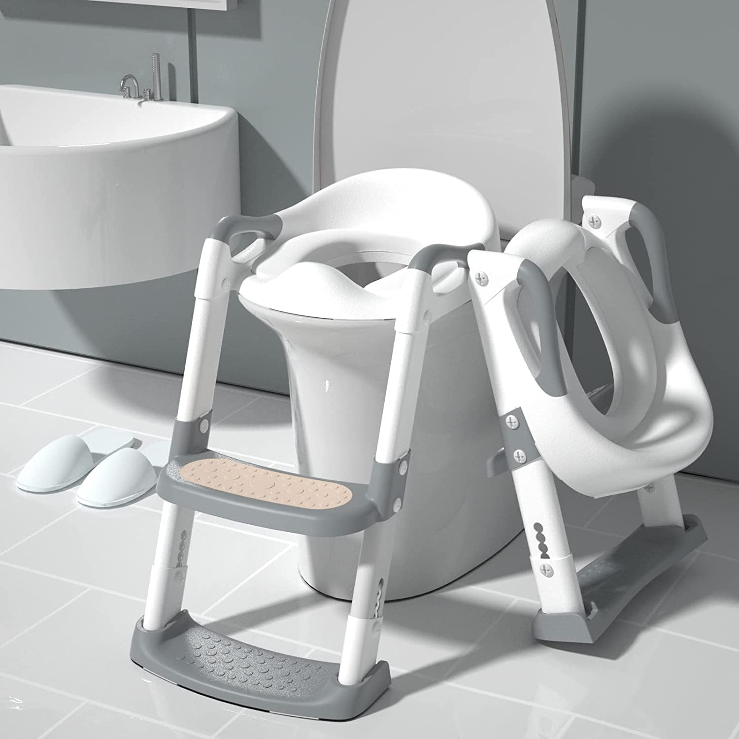 XJD Potty Training Toilet Seat for Toddlers,kids Folding Potty Seat with Ladders Steps Stools,Grey