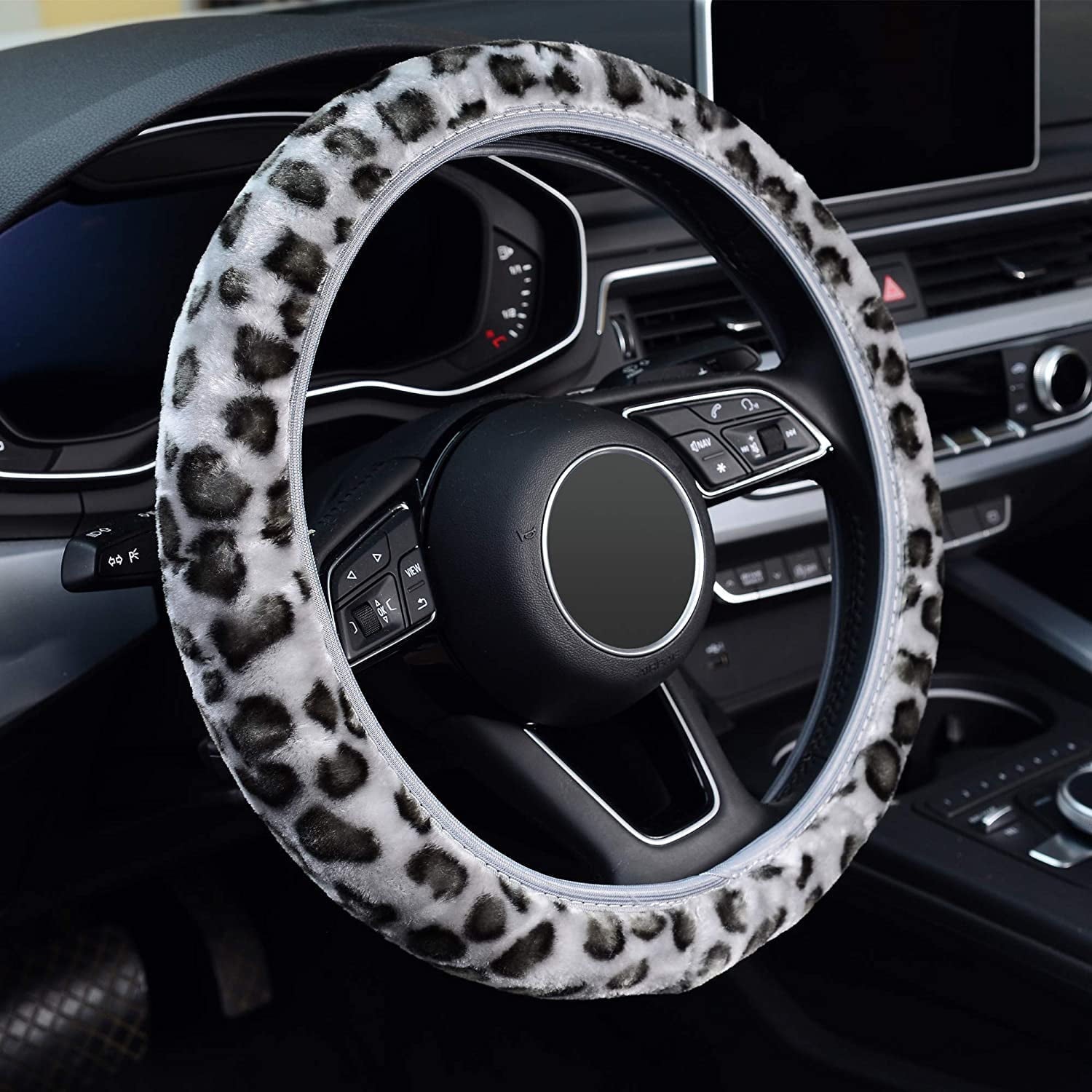 XUKEY Leopard Print Fluffy Warm Car Steering Wheel Cover Fluffy Fuzzy Anti-Slip Protector Elastic Grey