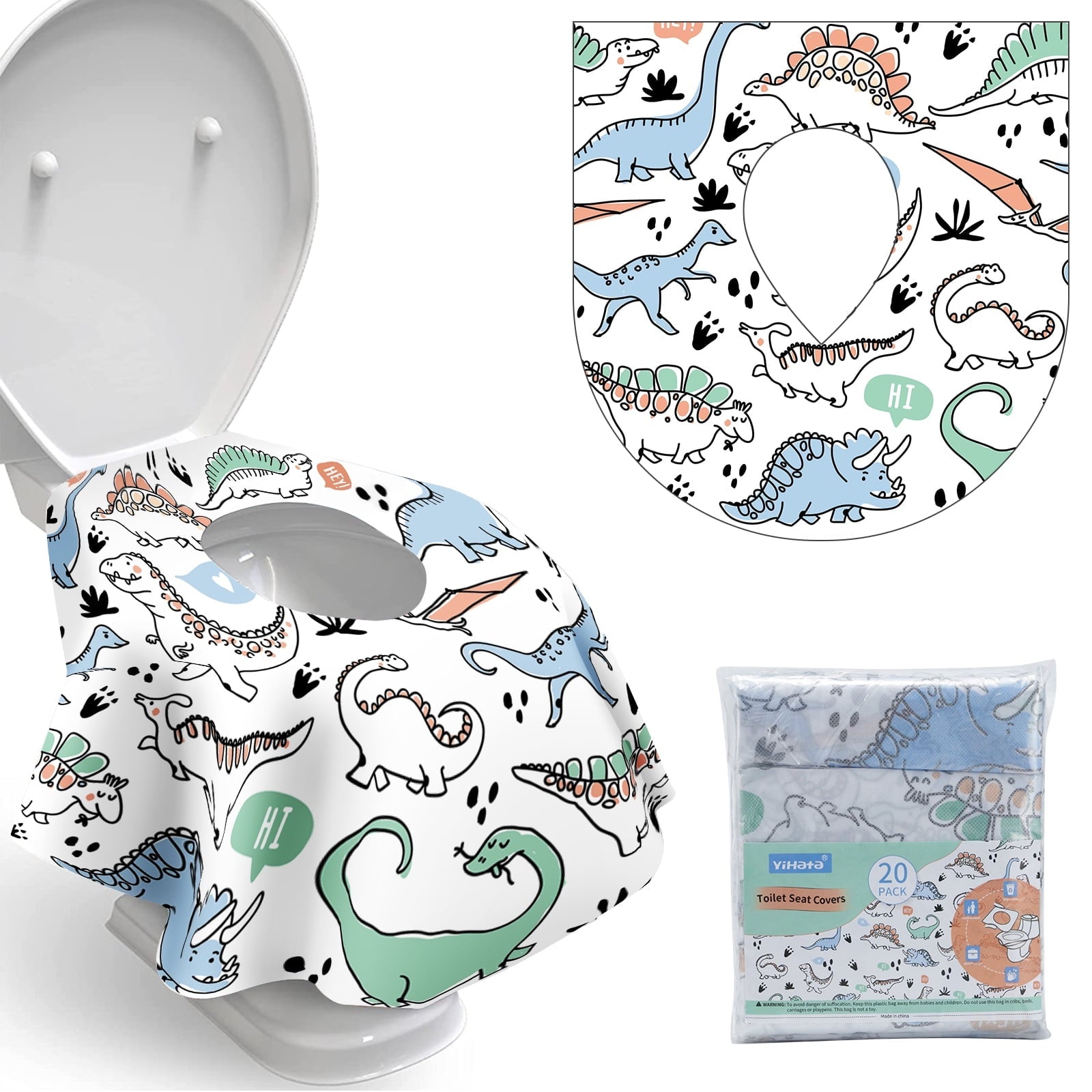 YIHATA Disposable Toilet Seat Covers - 20 Pack - Waterproof, Ideal for Kids and Adults – Extra Large, Individually Wrapped for Travel, Toddlers Potty Training in Public Restrooms (Dinosaurs)