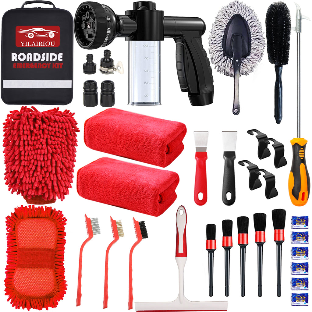 YILAIRIOU Car Wash Cleaning Kit with Foam Gun Sprayer Microfiber Sponge and Towels Tire Brush Collapsible Bucket Built for The Perfect Car Wash Kit, for Cleaning Car Gardens and Pets