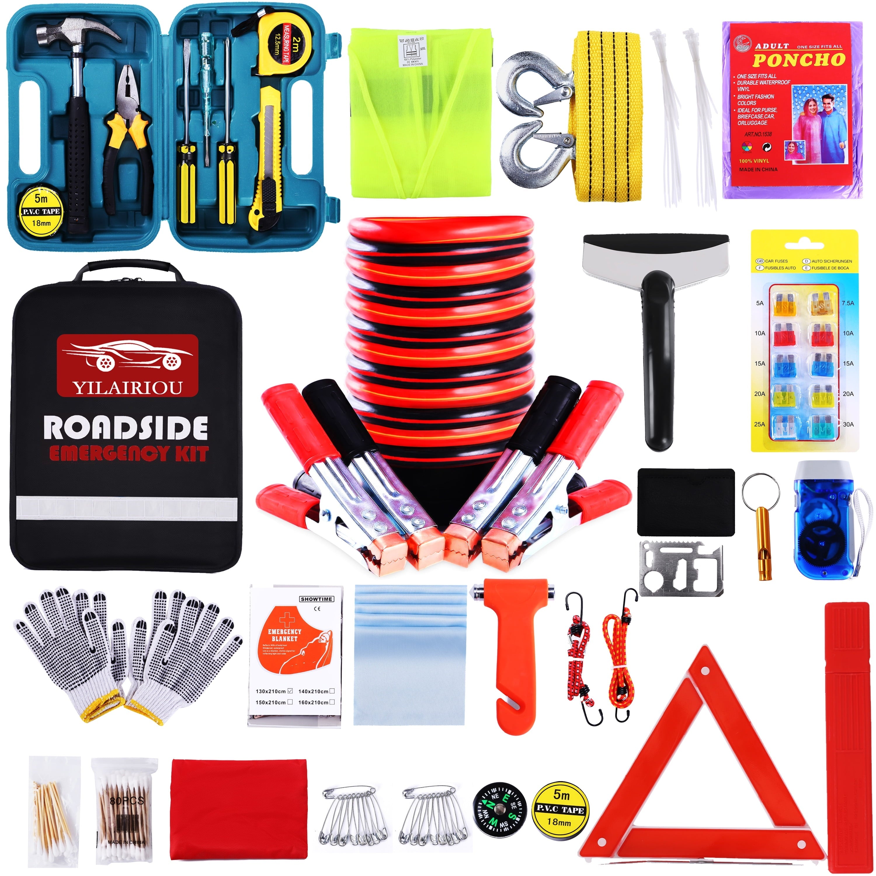 YILAIRIOU Roadside Assistance Emergency Kit - Car Emergency Kit With Jumper Cables (Upgraded) Emergency Roadside Kit for Car 142 Pieces Car Safety Kits ,Tow Strap,Tool Kit,Reflective Warning Triangle