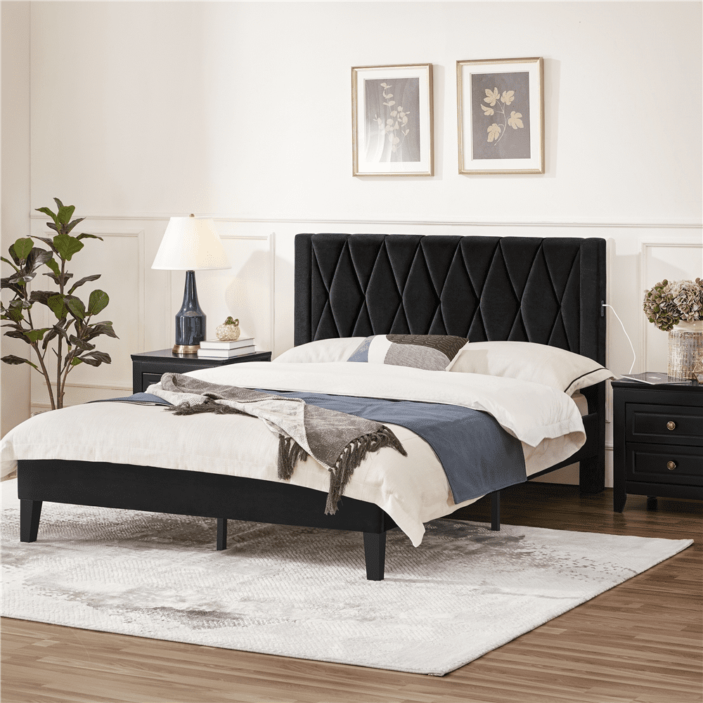 Yaheetech Upholstered Bed Frame with Built-In USB Ports and Tufted Headboard, Full Size, Black