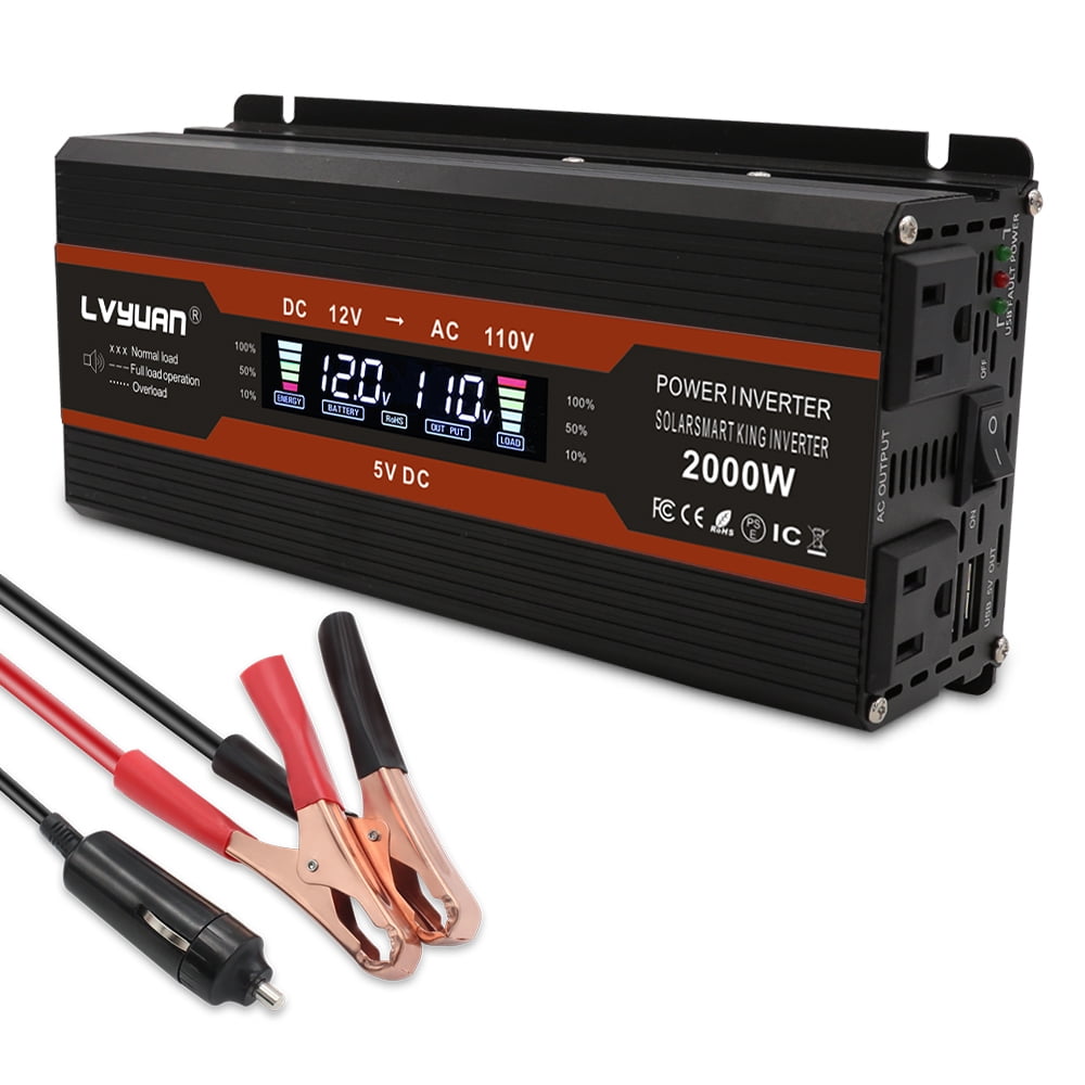 Yinleader 1000W/2000W(Peak) Car Power Inverter DC 12V to 110V AC Converter with LCD Display Dual AC Outlets and Dual USB Car Charger for Car Home Laptop Truck