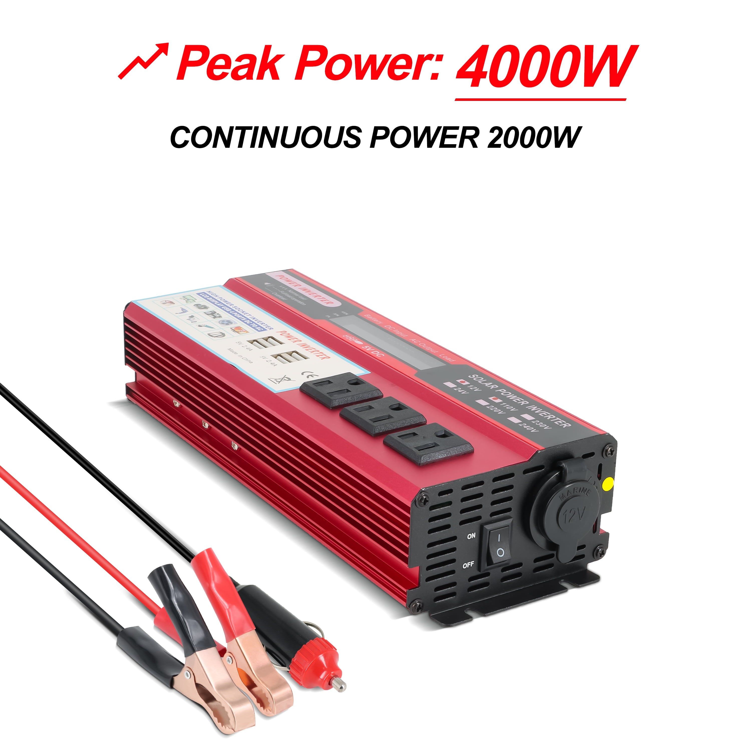 Yyton 2000W Car Power Inverter, Modified Sine Wave Inverter DC 12V to AC 110V 3 AC Converter with LCD Display, 4x2.4 A USB Ports Car Charger, 1 Cigarette Lighter Ports