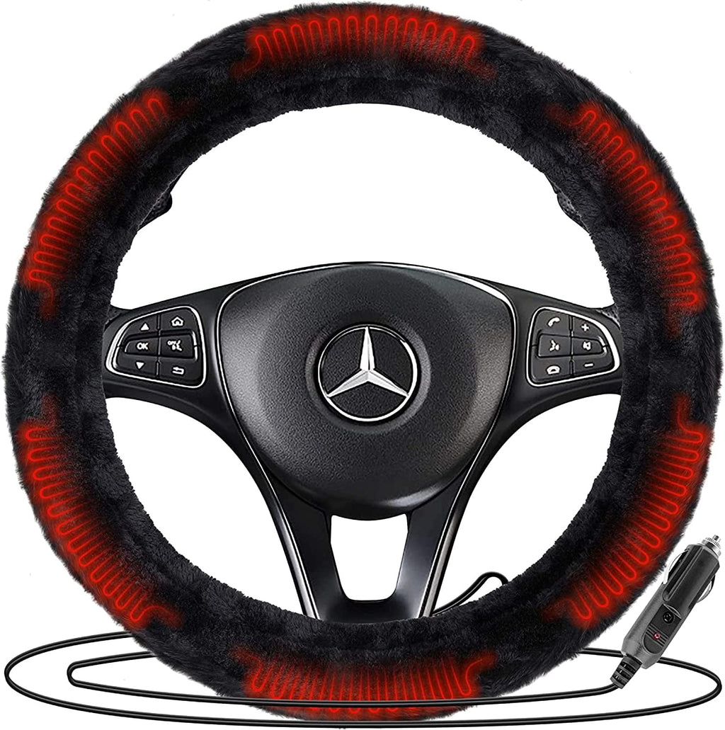 Zone Tech Classic Car Steering Wheel 12V Plush Heated Cover - Classic Black Upgraded Version Hand Warmer Ultra Comfortable 12V Elegant Design Vehicle Heated Wheel Plush Comfy Protector