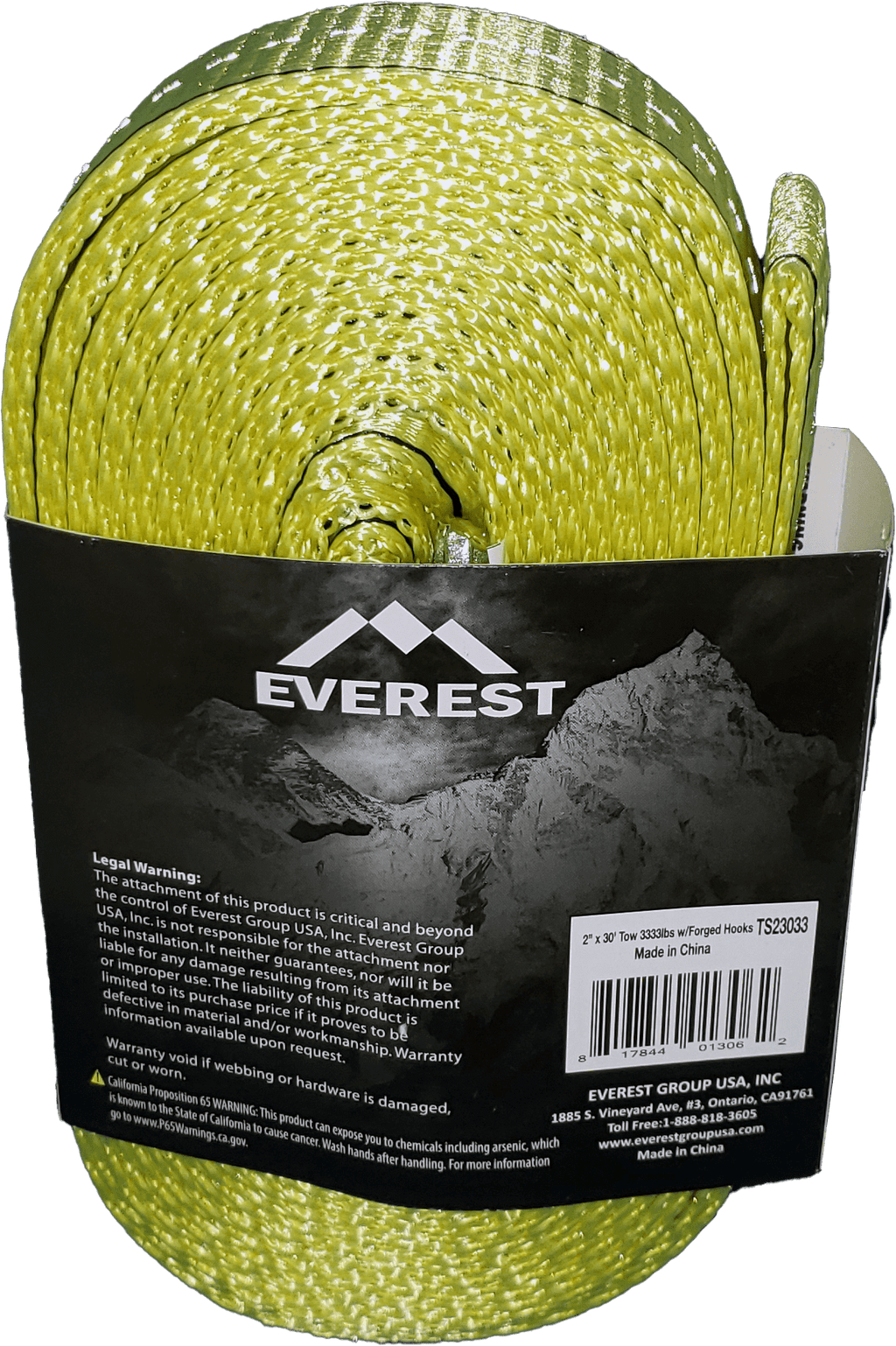 Everest 2" x 30'  Reflective Tow Strap with Forged Hooks, 3,333 lb W/LL, 1-Pack