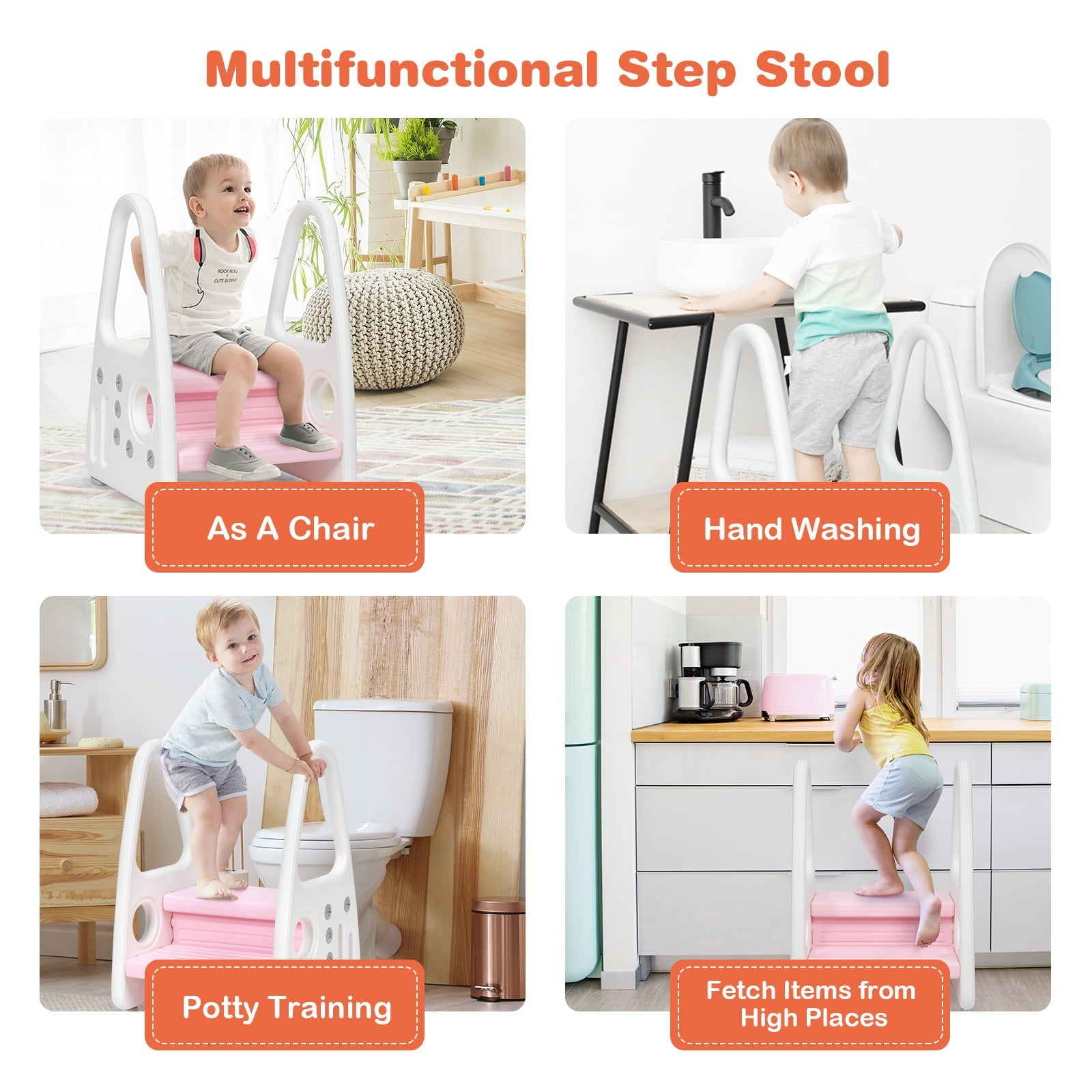 Infans Kids Step Stool Learning Helper w/Armrest for Kitchen Toilet Potty Training Pink