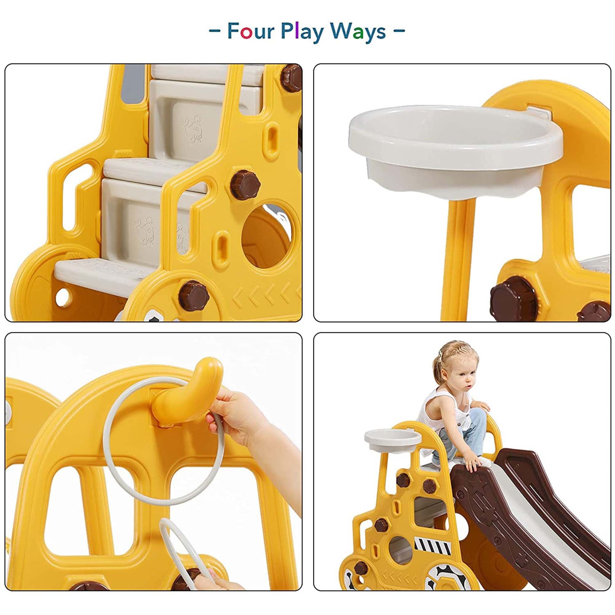 DUKE BABY Kids Slide - Indoor Outdoor Toddler Climbing Toy with Basketball Hoop for Kids Ages 3-5 - Yellow