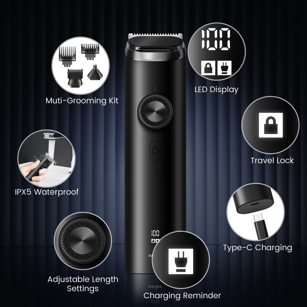 Sejoy Men's Beard Trimmer,Hair Clippers, Waterproof Electric Nose Haircut Mustache Body Trimmer Cordless Foil Shaver Grooming Kit,USB Rechargeable and LED Display Home Travel,Black