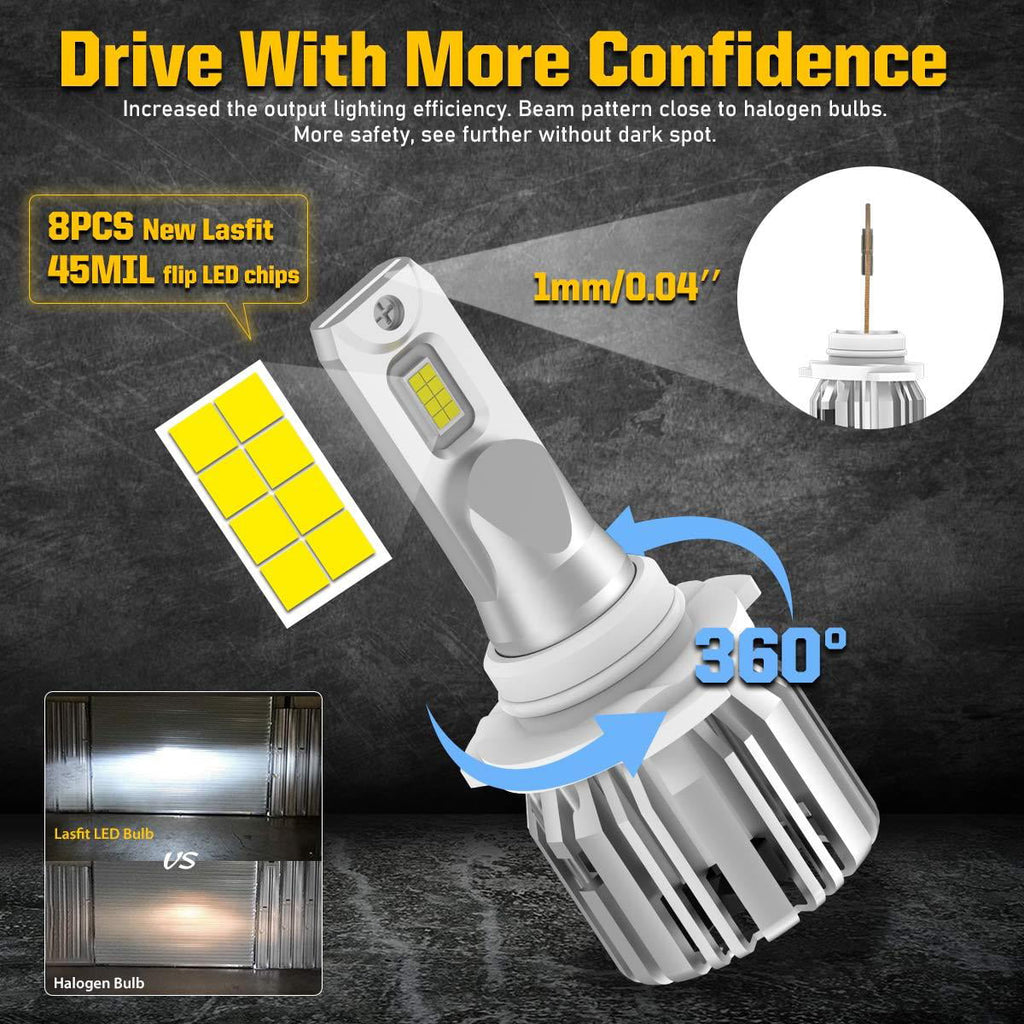Lasfit 9005 LED Headlight Bulbs HB3 High Beam Halogen Replacement, 50W 5000LM 6000K White (Free 194 LED Bulbs) | 4 Bulbs