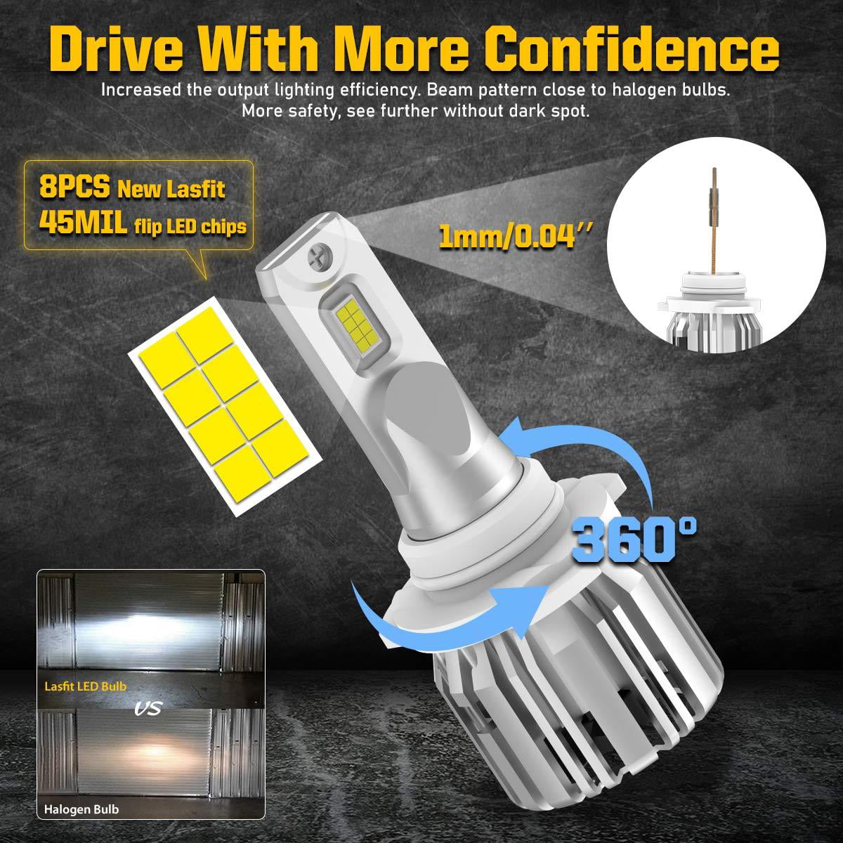 Lasfit 9005 LED Headlight Bulbs HB3 High Beam Halogen Replacement, 50W 5000LM 6000K White (Free 194 LED Bulbs) | 4 Bulbs
