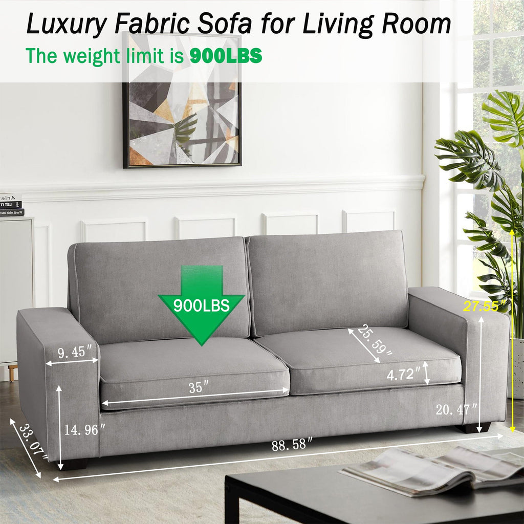 INGALIK 88.58" Modern Loveseat Sofa for Living Room, Chenille Sofa and Couch with Square Armrests, Removable Sofa Cushions and Detachable Sofa Cover, Easy to Install, 3 Seater, Light Grey