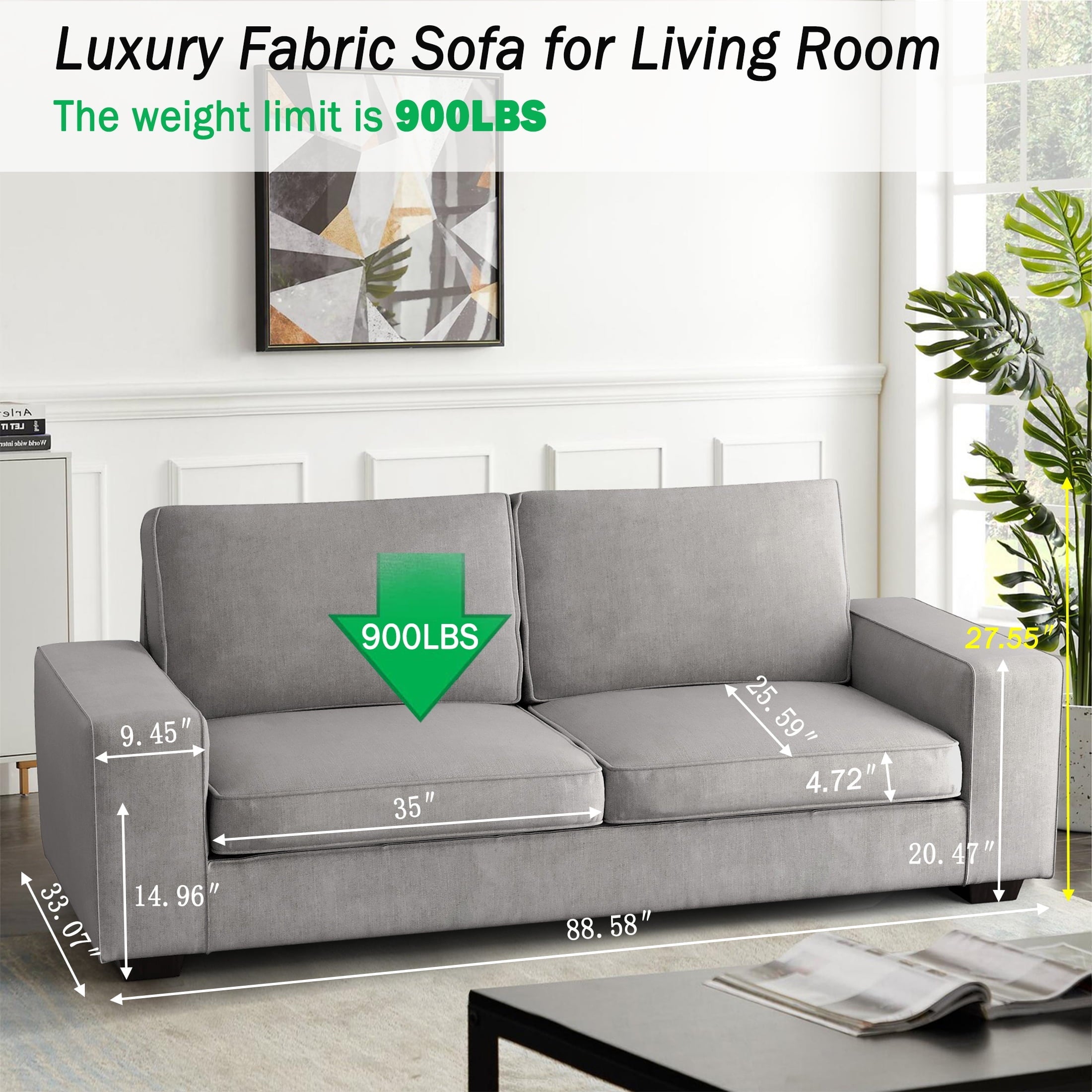 INGALIK 88.58" Modern Loveseat Sofa for Living Room, Chenille Sofa and Couch with Square Armrests, Removable Sofa Cushions and Detachable Sofa Cover, Easy to Install, 3 Seater, Light Grey