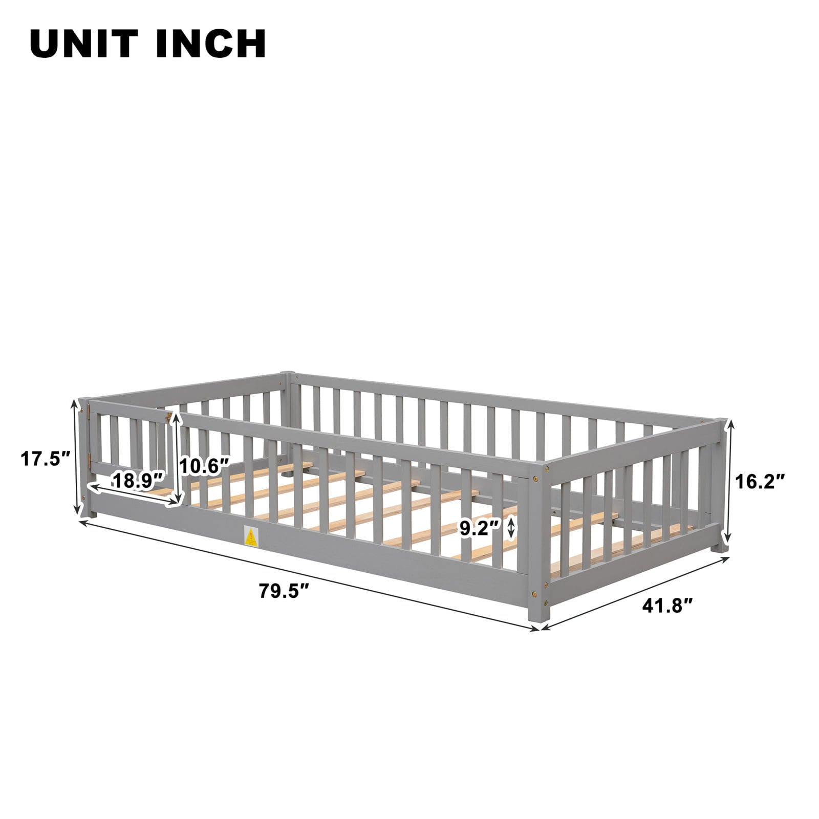 Twin Size Floor Bed Frame, Solid Wood Platform Bed Frame with Safety Fence & Small Door, Montessori Floor Bed with Slats Support for Boys Girls, No Box Spring Needed, Grey