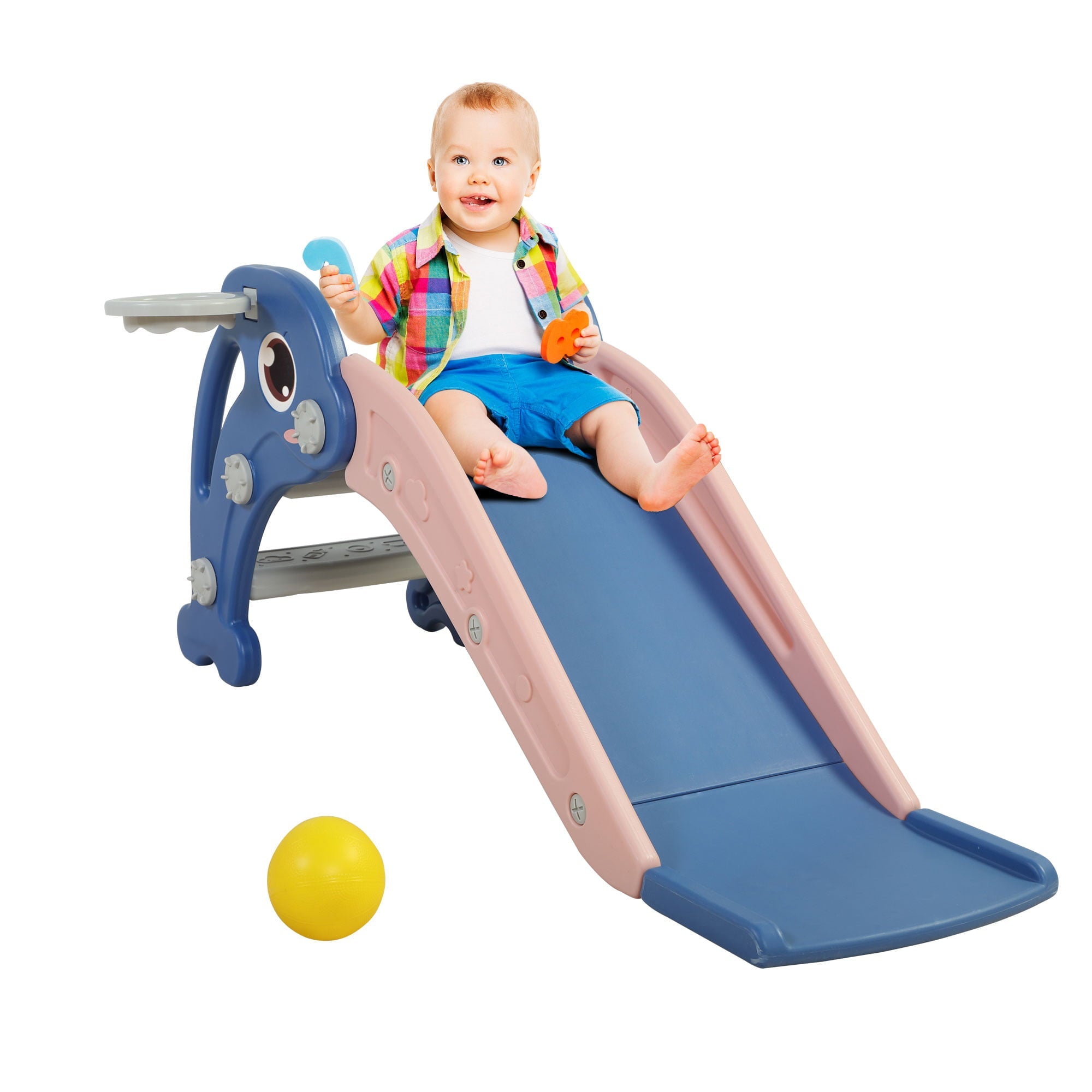 Joinfun 2 in 1 Slide,Toddler Freestanding Extra Long Slide with Basketball Hoop & Ball, Indoor Outdoor, Blue