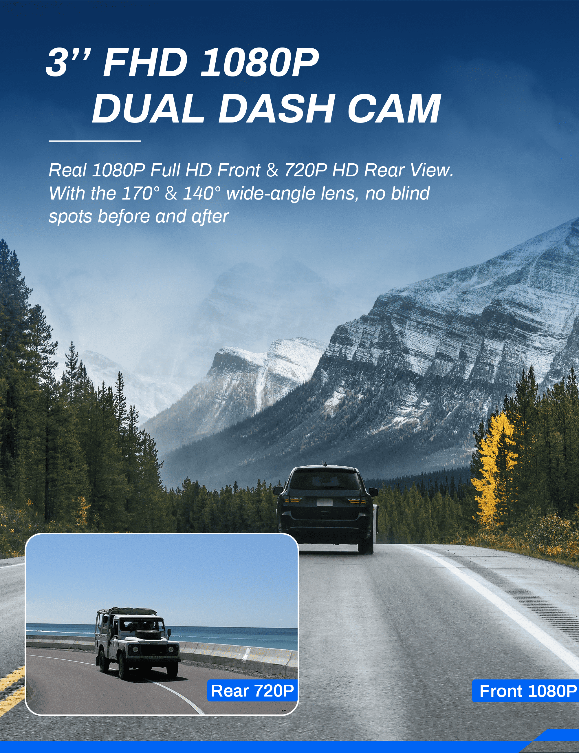Crosstour Dash Cam Front and Rear Car Camera, 3”Full HD 1080P Front & Rear Car Camera with 32GB SD Card, Black