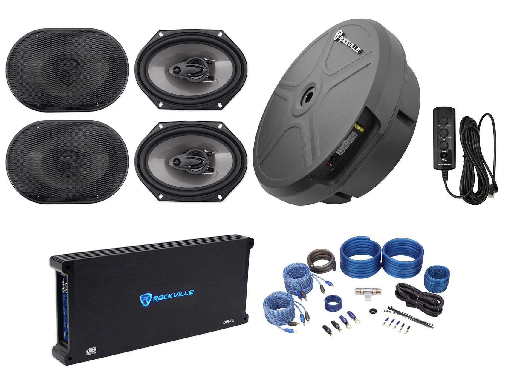 (4) Rockville RV68.3A 6x8" Car Speakers+Amplifier+Powered Hidden Spare Tire Sub
