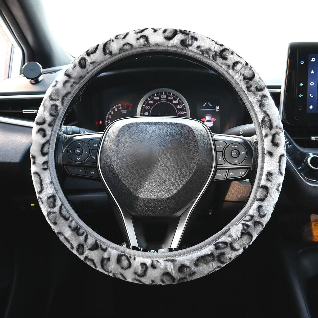 XUKEY Leopard Print Fluffy Warm Car Steering Wheel Cover Fluffy Fuzzy Anti-Slip Protector Elastic Grey