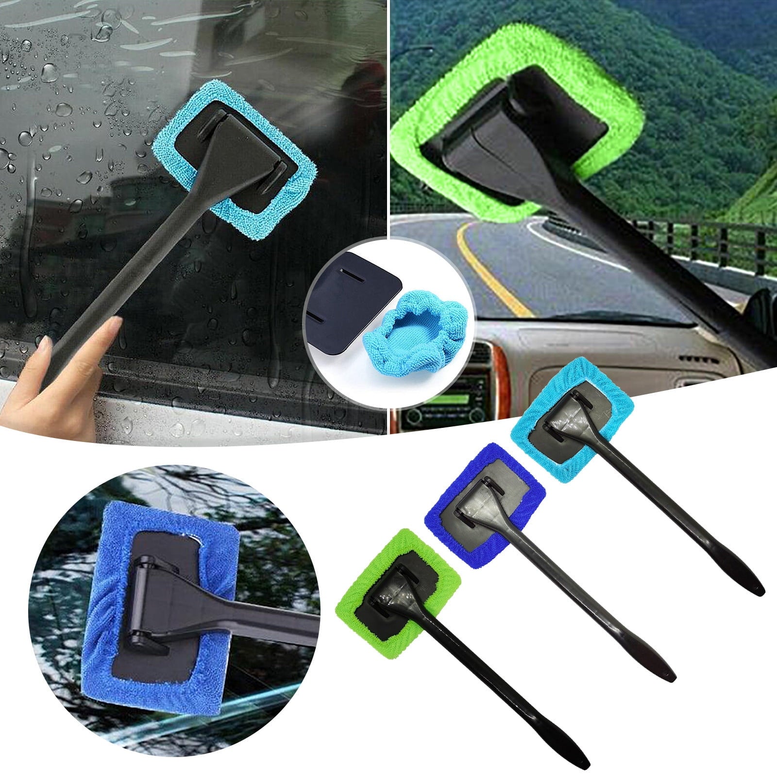 XMMSWDLA Car Window Cleaner, Windshield Cleaning Tool, Extendable Handle Brush Reusable Washable Microfiber Pads, Blue