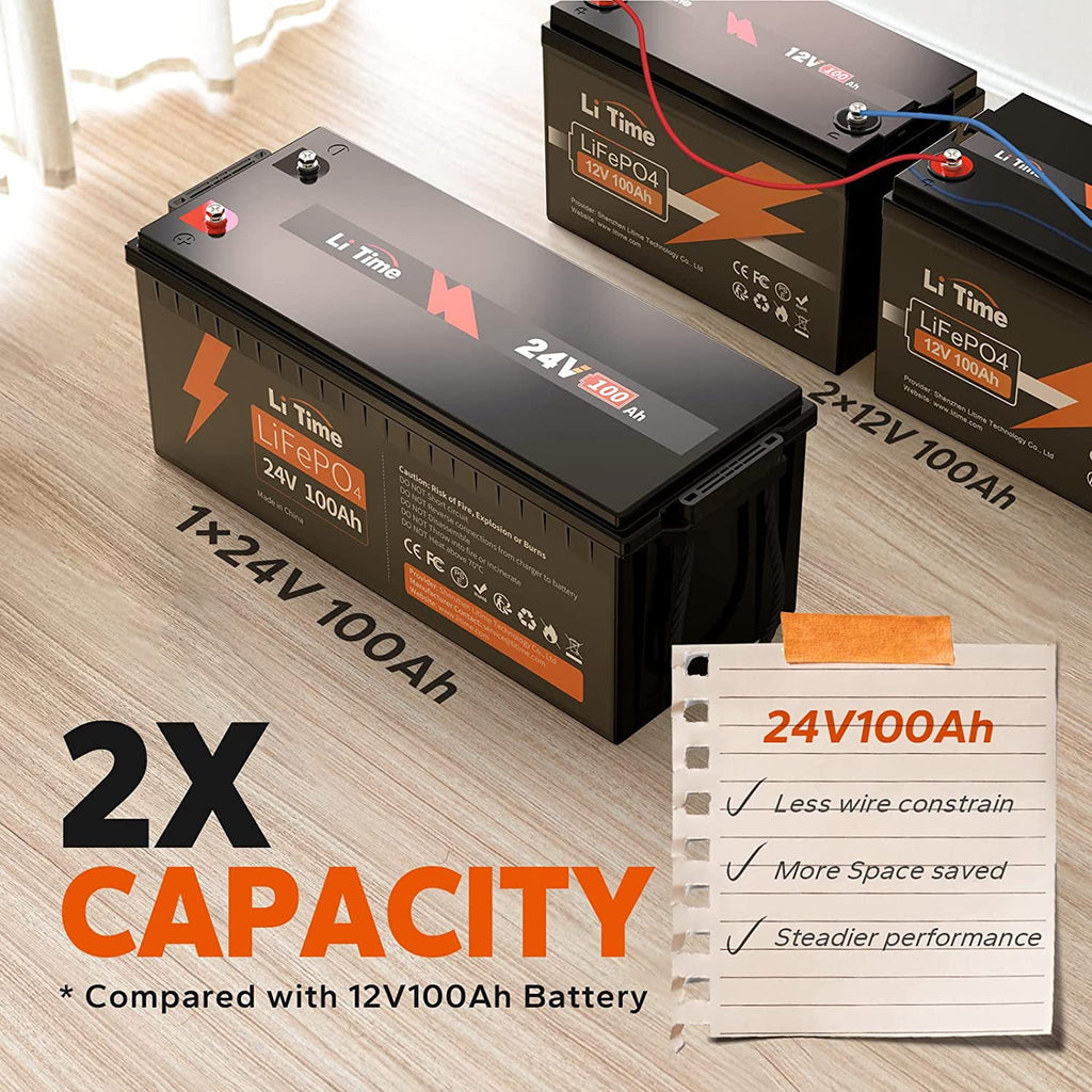 LiTime 24V 100Ah LiFePO4 Lithium Battery 4000+ Cycles 2.56kWh for Off-Grid Applications, RV, Solar, Motorhome