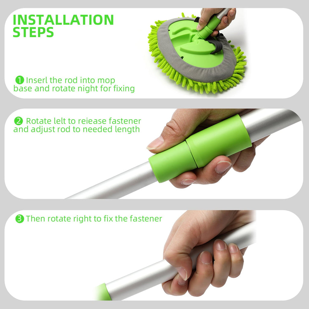 Carcarez Car Wash Brush Kit with 45" Aluminum Alloy Long Handle, 3 in 1 Car Cleaning Mop, Chenille Microfiber Mitt Set, Glass Scrubber Vehicle Cleaner Kit, Green