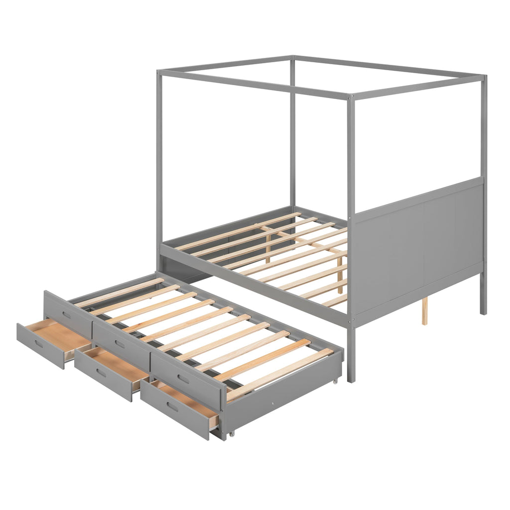 EUROCO Queen Size Canopy Platform Bed with Trundle and Drawers, Gray